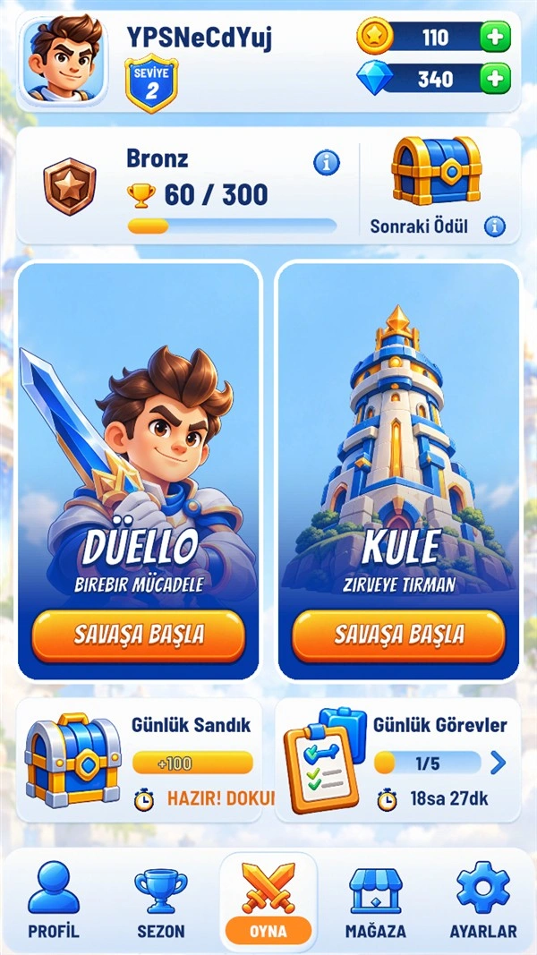 Actual NexRival home screen in Turkish, showing Duel, Tower, daily chest and quests